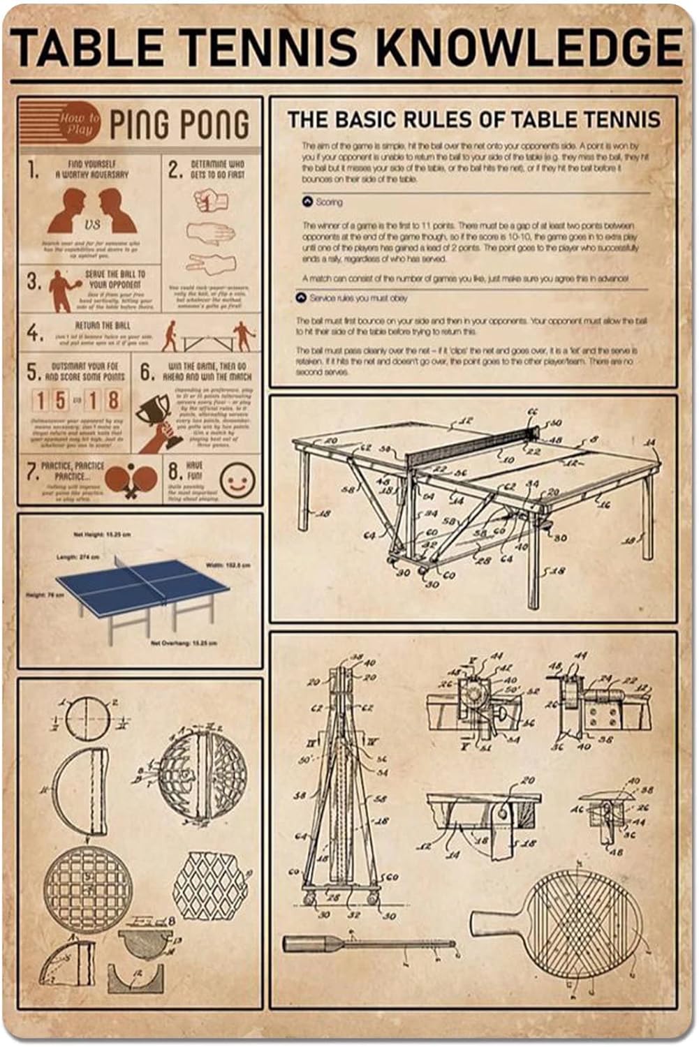 Table Tennis Basic - Targa in metallo con poster in
